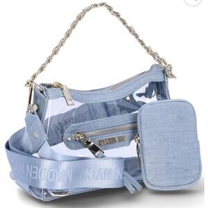Steve Madden NYC Women’s Clear Hobo Crossbody Handbag with Chain, Denim Blue